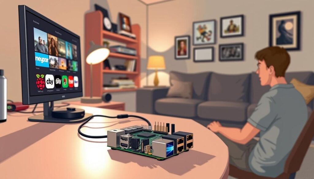 A Raspberry Pi media server setup in a cozy home environment, showcasing its versatile applications. In the foreground, a Raspberry Pi unit is connected to a sleek monitor displaying various media streaming applications. A person in modest casual attire is seated at the desk, focused on configuring the setup. In the middle ground, shelves lined with magazines and gadgets enhance the tech-savvy ambiance, while a soft glow from a desk lamp adds warmth. In the background, a living room with a comfortable couch and framed pictures creates a welcoming atmosphere. The lighting is warm and inviting, with soft shadows playing across the scene, emphasizing a productive yet relaxed mood. The angle of the image captures both the details of the Raspberry Pi and the overall cozy environment.