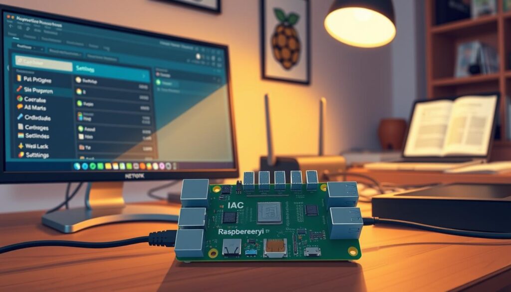 A Raspberry Pi setup in a modern home office environment, showcasing the configuration of network and server settings. The foreground features a Raspberry Pi connected to a computer monitor displaying network settings and a server interface. In the middle, there are various network cables and a router with blinking LED lights, indicating active connections. The background includes a tidy workspace with tools like a laptop and reference guides on network configuration. The lighting is warm and inviting, with a soft glow from a desk lamp, creating a focused yet relaxed atmosphere. The angle is slightly elevated, providing a comprehensive view of the entire setup, emphasizing a productive tech-savvy ambiance.
