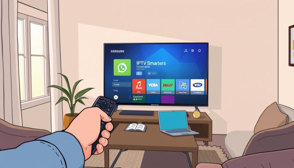 A Samsung Smart TV prominently displayed in a cozy living room setting, with a focused view of the TV screen showcasing the IPTV Smarters application interface. In the foreground, a user is shown attentively holding a remote control, dressed in casual yet professional attire, highlighting the interactive installation process. In the middle background, a stylish coffee table with placed instructional booklets and a laptop open beside the TV, suggesting a tech-savvy atmosphere. Soft, natural lighting pours in through a window, creating a warm and inviting mood. The angle is from slightly below eye-level, emphasizing the user’s engagement with the Smart TV, while keeping the room clutter-free to maintain focus on the installation process. The overall atmosphere is one of ease and accessibility in technology.