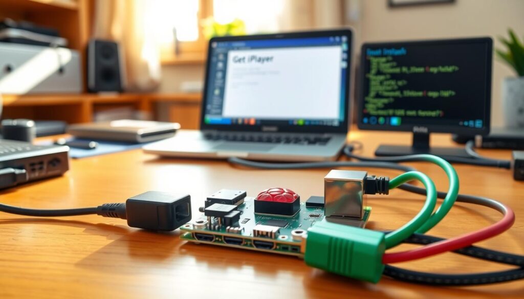 A close-up shot of a Raspberry Pi set up on a wooden desk, surrounded by essential accessories like a power supply, HDMI cable, and a small monitor displaying the Get iPlayer installation interface. The foreground has a neatly arranged Raspberry Pi with colorful wires connecting to it, emphasizing its intricate design. In the middle, a laptop slightly out of focus shows a coding environment open for installation commands. The background features a cozy workspace with natural light streaming in from a nearby window, creating a warm and inviting atmosphere. The focus is on the Raspberry Pi installation process, capturing a sense of innovation and technology. The lighting is bright yet soft, enhancing the details without harsh shadows, perfect for illustrating the installation guide.