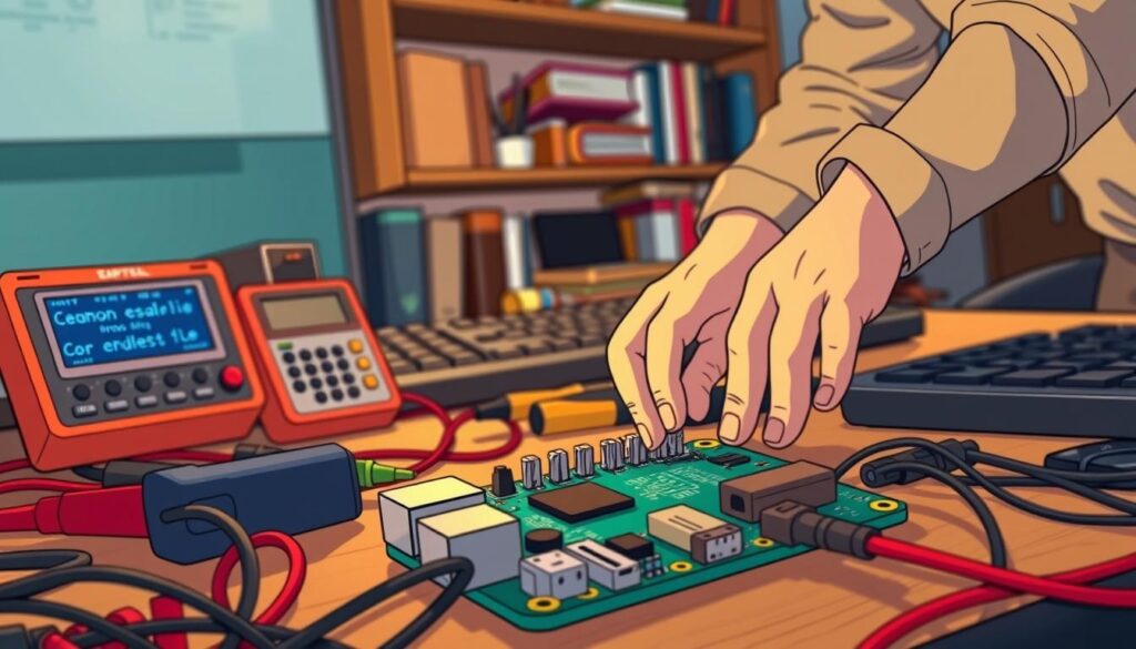 A close-up view of a Raspberry Pi board on a workspace cluttered with various troubleshooting tools, including a multimeter, jumper wires, and a keyboard. In the foreground, the Raspberry Pi is connected to a small display showing error messages, symbolizing common issues. The middle ground features a pair of hands adjusting the connections, dressed in modest casual attire, focusing intently on resolving the problems. The background should be softly lit, with shelves displaying electronic components and books, creating a technical atmosphere. The lighting is warm, enhancing the sense of a cozy yet industrious workspace. The overall mood reflects concentration, problem-solving, and the spirit of DIY tech enthusiasts.