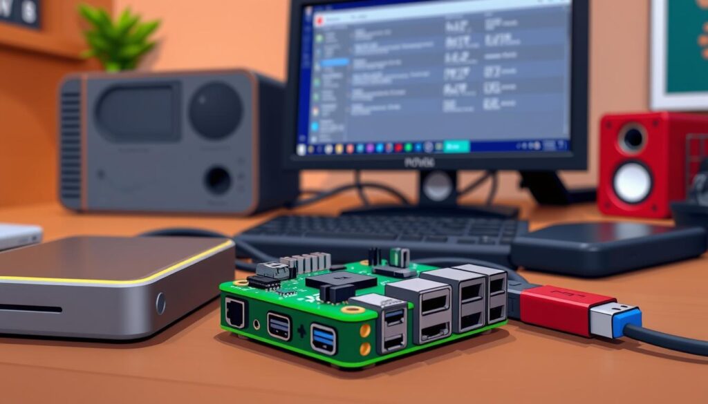 A close-up view of a Raspberry Pi configured as a media server, connected to various external storage devices. In the foreground, the Raspberry Pi is prominently displayed, with its various ports and connectors visible, alongside a sleek external hard drive and a USB flash drive. In the middle background, there's a tidy workspace setup featuring a computer monitor displaying configuration settings. The lighting is soft and focused, highlighting the Raspberry Pi's features, with a warm, inviting atmosphere that suggests productivity and innovation. The scene is shot from a slight angle to create depth, emphasizing the functionality and technology of the setup.
