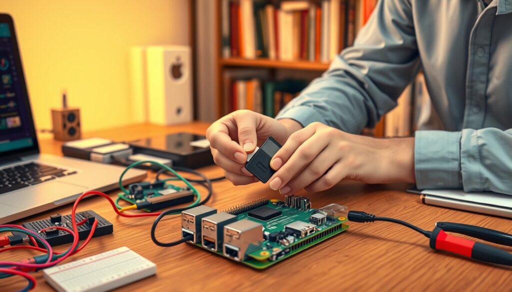 A close-up view of a Raspberry Pi on a wooden desk with various electronic components, tools, and a laptop open beside it. The foreground features the Raspberry Pi with colorful jumper wires connected to it, including a small breadboard. In the middle, a technician’s hands are shown carefully inserting a microSD card into the Raspberry Pi, wearing professional casual attire, focused on the task. The background includes a softly blurred shelf filled with books on electronics, with warm ambient lighting that creates a cozy, tech-savvy atmosphere. The image captures a sense of innovation and hands-on learning, with a slight overhead angle that highlights the interaction with the device.