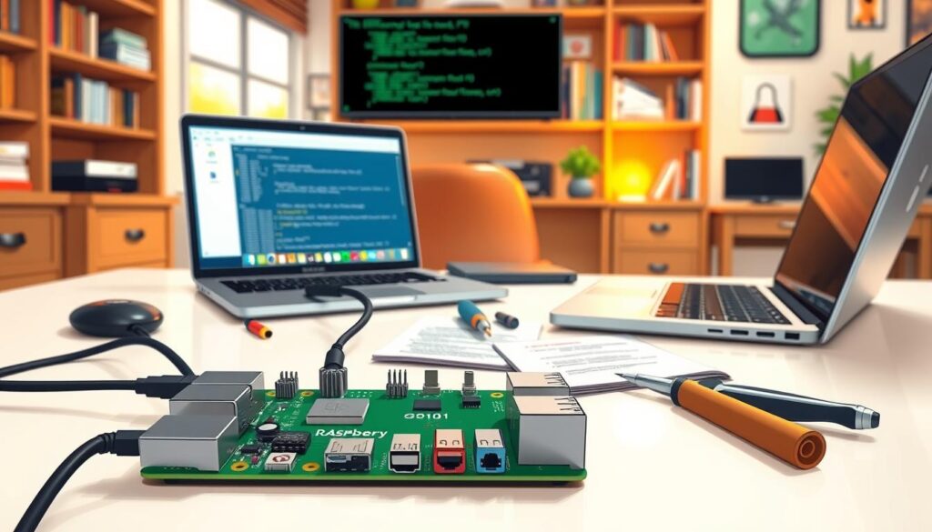 A close-up view of a Raspberry Pi set up on a clean, organized workspace. In the foreground, focus on the Raspberry Pi board connected to a laptop via an SSH connection, with visible cables and a small display monitor showing terminal commands. In the middle ground, include various tools such as a screwdriver, USB drives, and a circuit board, along with a small booklet of instructions about installing software. The background should be softly blurred, featuring a cozy office environment with warm lighting and wooden shelves filled with tech books. The atmosphere is focused and tech-savvy, conveying a sense of preparation and eagerness for the upcoming installation process. Ensure there are no people in the scene.
