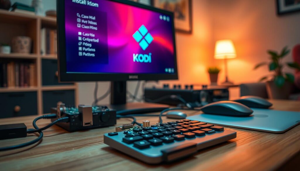 A close-up view of a Raspberry Pi setup actively installing Kodi, with a colorful graphical interface displayed on a connected monitor. The table is cluttered with essential components: the Raspberry Pi, a keyboard, a mouse, and a USB drive, all arranged neatly in the foreground. The background features a cozy room with warm ambient lighting, a small bookshelf, and a potted plant. The image is shot from a slightly elevated angle to give depth, emphasizing the technology and the installation process. A soft focus blurs the background details, creating a relaxed atmosphere with a hint of excitement for tech enthusiasts. The color palette is vibrant, highlighting the screen action against the neutral tones of the room.
