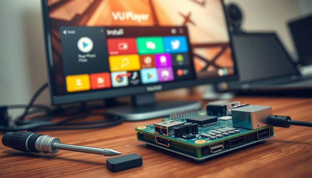 A close-up view of a Raspberry Pi setup on a wooden desk, featuring a VU Player installation in progress. The Raspberry Pi is connected to a monitor displaying the VU Player interface, with colorful icons and graphical elements. The foreground includes a set of tools such as a screwdriver and a microSD card, emphasizing the installation process. In the background, there are soft-focus elements like cables and a laptop, creating a tech-savvy environment. The lighting is warm and inviting, with a soft glow illuminating the screen and components. The angle is slightly tilted to emphasize the active installation, conveying a sense of innovation and excitement.