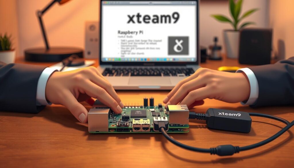 A close-up view of a Raspberry Pi setup on a wooden desk, featuring the Raspberry Pi board with colorful components like a microSD card, cables, and a power supply. In the foreground, a pair of hands, dressed in professional business attire, are carefully assembling the components. The middle section captures a laptop open with the installation guide on the screen, while the background is softly blurred to reveal a cozy workspace with ambient lighting, a small potted plant, and a few essential tools. The scene conveys a mood of focus and productivity, highlighting the step-by-step installation of Xtream9 on the Raspberry Pi. The lighting is warm and inviting, accentuating the intricate details of the setup.