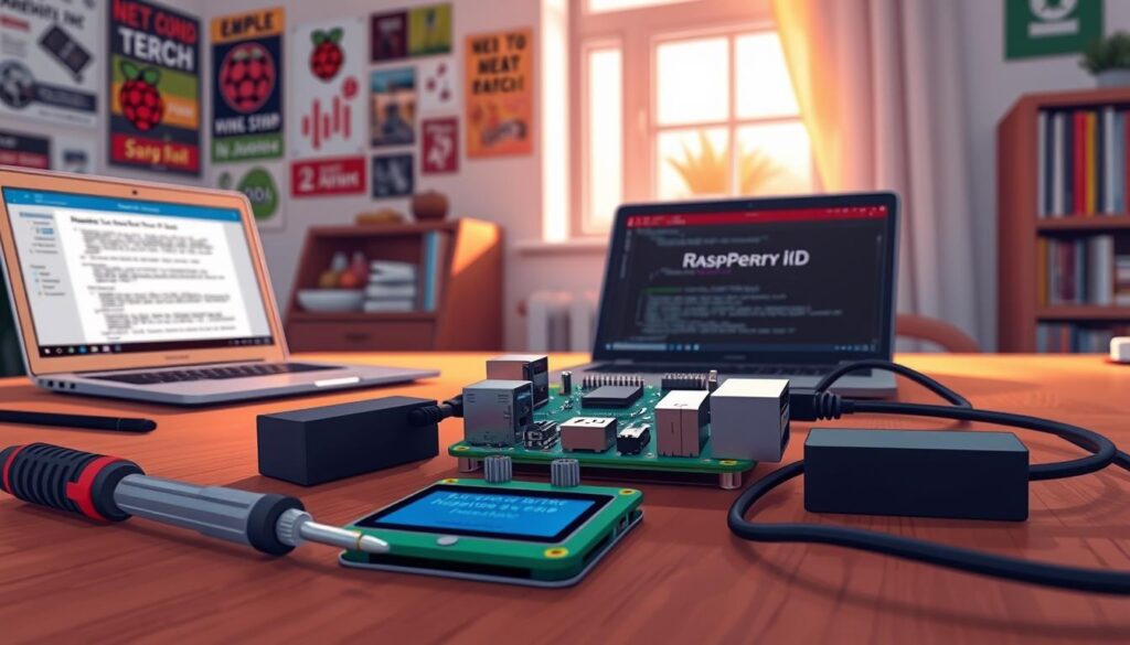 A close-up view of a Raspberry Pi setup on a wooden desk, showcasing the ibo player installation process with a focus on common troubleshooting issues. In the foreground, tools like a screwdriver, a power supply, and a laptop with an open troubleshooting guide are arranged neatly. The middle layer features the Raspberry Pi with connected cables and a small display showing a diagnostic interface. In the background, soft natural light filters through a window, illuminating a wall filled with tech posters and a bookshelf with programming books. The atmosphere is calm and focused, capturing a professional and engaging ambiance of a tech workspace.