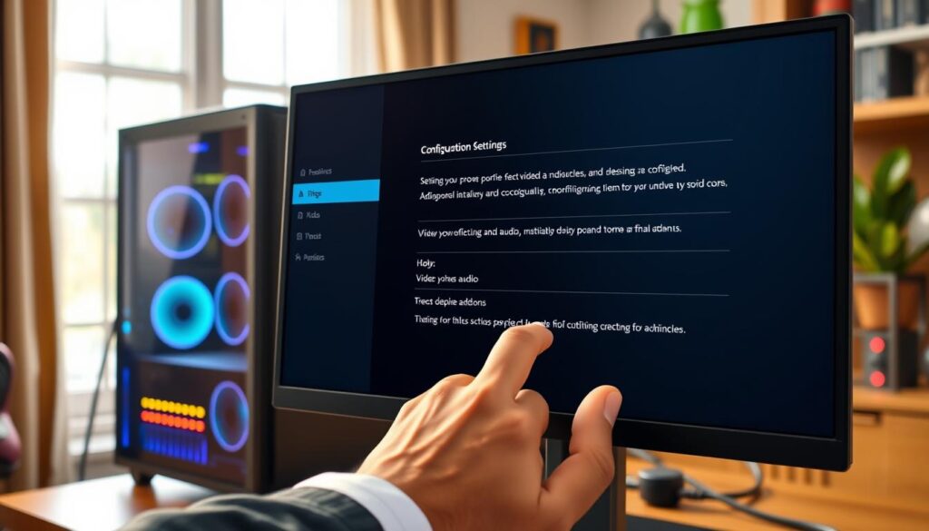 A close-up view of a computer screen displaying the Kodi configuration settings interface. In the foreground, the screen shows various Kodi settings, including options for video, audio, and add-ons, with a dark-themed user interface. A pair of hands, wearing professional casual attire, is seen tapping on the screen, indicating user interaction. The middle ground features a sleek, modern PC setup with colorful LED lights, enhancing the tech-savvy atmosphere. The background contains a warm and inviting home office, softly lit with natural light filtering through a window, bringing a comfortable yet focused vibe to the scene. Overall, the image conveys a sense of ease and readiness for configuring Kodi post-installation.