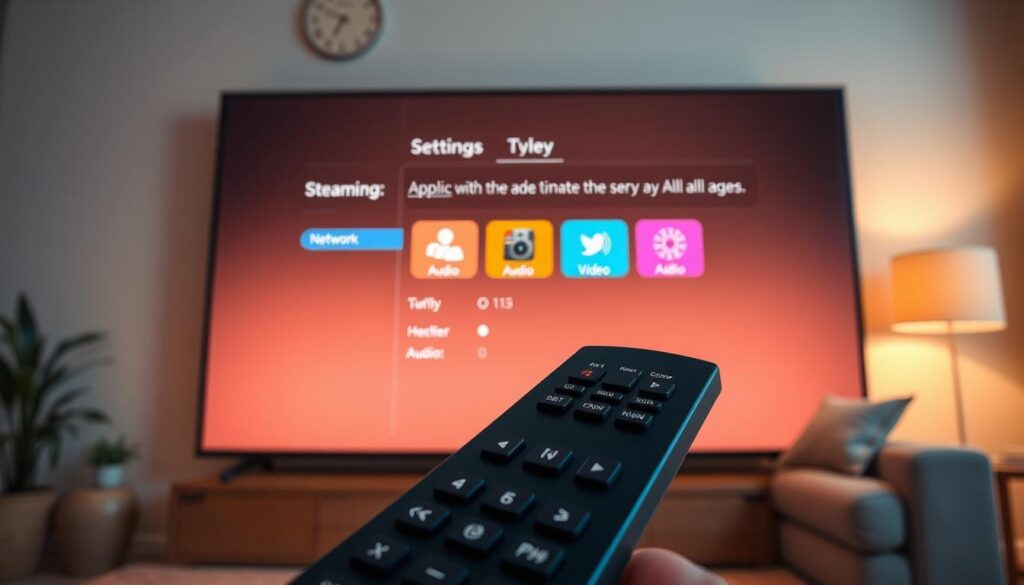 A close-up view of a user-friendly interface on a large screen displaying the configuration settings for a streaming application, specifically designed for IPTV. The foreground features a stylized remote control with clearly labeled buttons, emphasizing usability for all ages. In the middle, the screen showcases vibrant icons representing various settings such as "Network", "Audio", and "Video", arranged in a sleek, modern layout. The background features a softly lit living room scene, with a comfortable couch and a subtle decorative touch, creating a cozy atmosphere. The lighting is warm and inviting, casting soft shadows to enhance the depth. The angle captures the screen from a slightly elevated perspective, making it appear accessible and engaging. The mood is friendly and approachable, perfect for guiding users through the setup process.