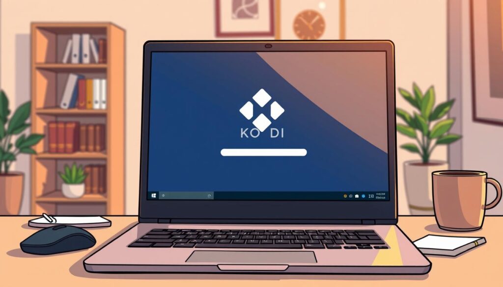 A computer desktop screen displaying the Kodi software update process on a Windows operating system. In the foreground, there's a sleek laptop with a modern design, showcasing the Kodi logo prominently on the screen amidst a progress bar indicating the update in progress. In the middle ground, a neatly organized workspace is visible, with a wireless mouse, a notepad, and a cup of coffee to suggest a productive atmosphere. The background features a softly blurred home office setup with a bookshelf and a potted plant, creating a comfortable environment. The lighting is warm and inviting, casting soft shadows, with a focus on the screen captured at a slight angle to highlight the details of the Kodi interface. The overall mood is focused and efficient, emphasizing the aspect of upgrading software on a Windows PC.
