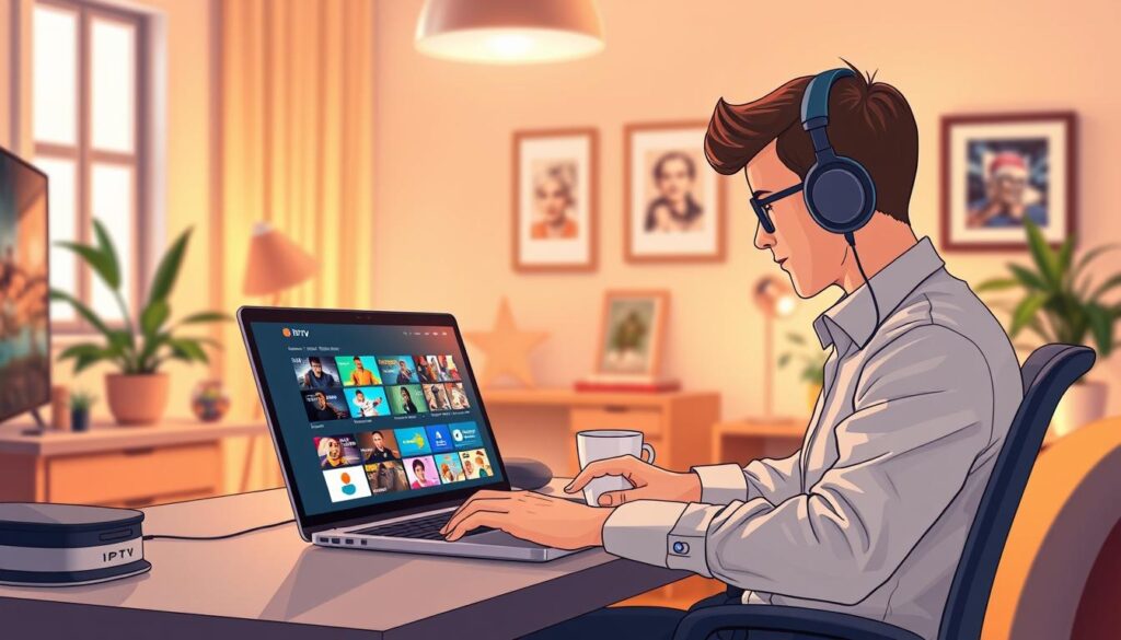 A cozy home office setting filled with warm, ambient lighting to create a comfortable atmosphere for optimal streaming experiences. In the foreground, a sleek laptop displaying a Smart IPTV interface, showcasing various vibrant streaming options. A person in professional attire sits attentively at the desk, adjusting settings on the laptop, reflecting focus and engagement. The middle ground features a neatly organized workspace with ergonomic accessories, a cup of coffee, and headphones, hinting at a personalized streaming environment. In the background, a soft-focus wall with framed artwork and plants adds a touch of tranquility. The scene is illuminated by natural light streaming through a window, creating an inviting and productive mood, ideal for enhancing the streaming experience.