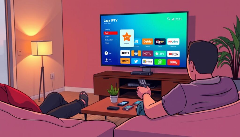 A cozy living room featuring a modern Samsung Smart TV displaying the Lazy IPTV application interface. In the foreground, a person in casual attire is seated on a comfortable sofa, attentively navigating through the app using a remote control. The middle ground includes a well-organized coffee table with a few gadgets and a small plant for a homey touch. In the background, warm, ambient lighting emanates from a stylish lamp, creating a relaxed atmosphere. The image is shot from a slight angle to emphasize the TV screen and the user's interaction with the Lazy IPTV application. The overall mood is inviting and informative, highlighting the ease of installation and setup for the application.
