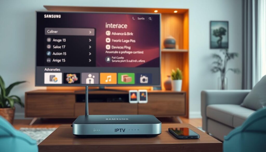 A cozy living room setting featuring a modern Samsung Smart TV prominently displaying IPTV interface options. In the foreground, a sleek IPTV box with advanced features sits on an elegant TV stand, connected to the TV and a wireless router. The middle layer shows a couple of compatible devices, such as a tablet and smartphone, showcasing their connectivity with the IPTV. In the background, a well-lit room with warm ambient lighting creates a welcoming atmosphere, adorned with subtle decorations like plants and bookshelves. The camera angle captures a slightly elevated view, emphasizing the harmony between technology and the home environment, suggesting compatibility and ease of use.