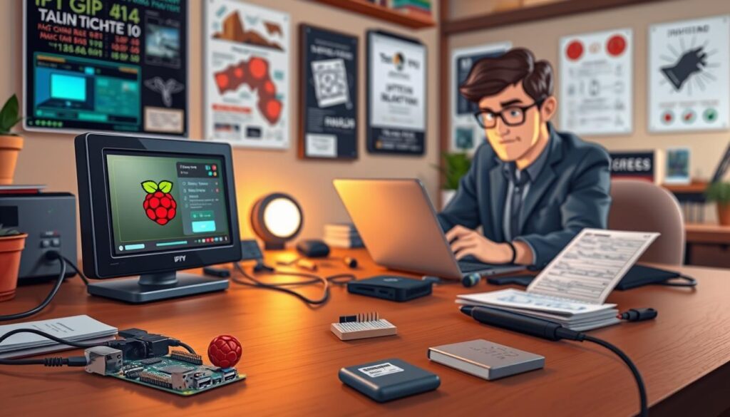A cozy workspace scene showcasing a Raspberry Pi setup for IPTV installation. In the foreground, a Raspberry Pi connected to a small TV screen displaying technical interface elements related to IPTV. A technician, dressed in smart casual attire, is focused on programming the device using a laptop. In the middle ground, an organized desk filled with tools like cables, a breadboard, and a notepad with handwritten notes. The background features a wall with tech posters and subtle ambient lighting creating a warm, inviting atmosphere. A soft focus effect highlights the action in the foreground, emphasizing the instructional aspect of the setup. The overall mood is educational and hands-on, perfect for illustrating a step-by-step installation process.