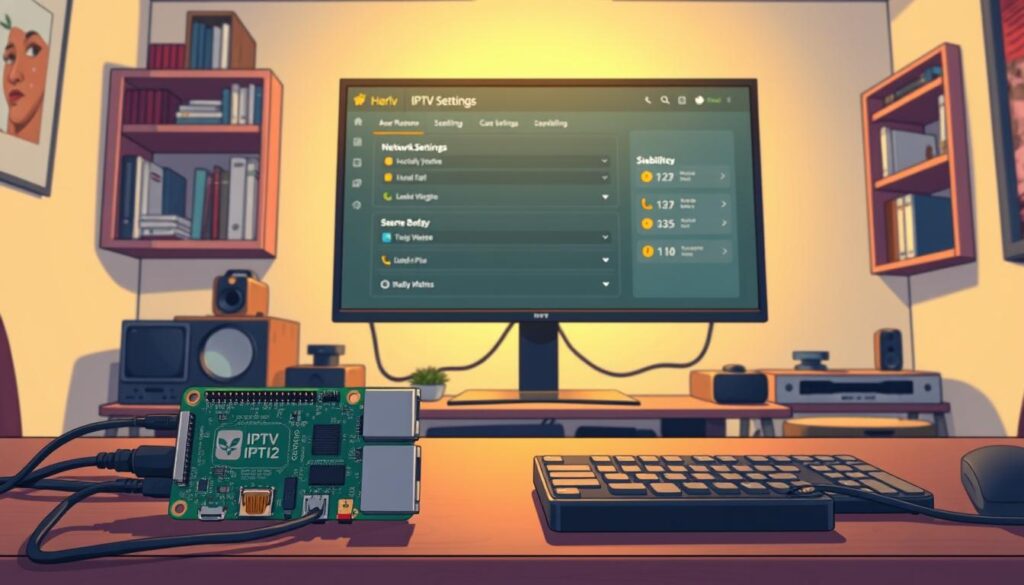 A detailed and organized workspace featuring a Raspberry Pi connected to a large monitor displaying a user-friendly interface for IPTV server settings. In the foreground, prominently feature the Raspberry Pi with various peripherals, including cables and a keyboard. In the middle, show the monitor with a clean, intuitive graphic interface illustrating network settings and stability metrics. The background should be a softly lit room, giving a professional atmosphere, with shelves containing tech books and gadgets. Soft, warm lighting should illuminate the scene, creating a cozy yet focused mood. Use a slightly elevated angle for depth, capturing the essence of setting up a secure IPTV network connection while maintaining a polished, professional look.