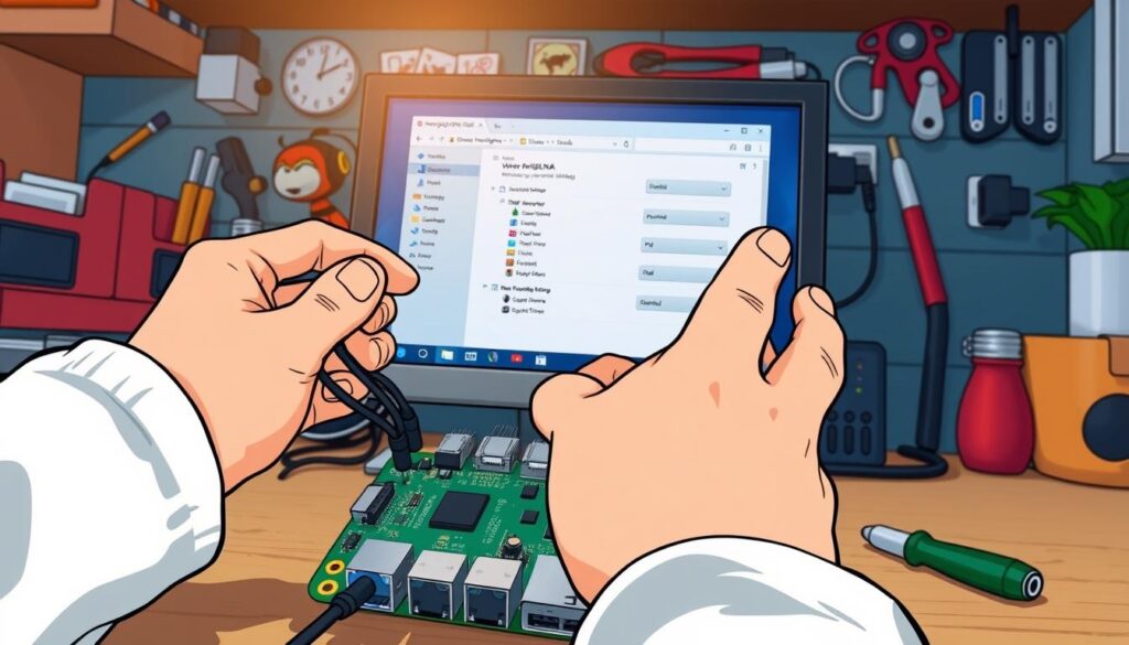 A detailed close-up of a Raspberry Pi setup with a visible MiniDLNA configuration on a computer screen. In the foreground, a pair of hands gently adjusting cables connecting the Raspberry Pi to a monitor, illustrating a hands-on approach to configuring MiniDLNA. In the middle, the clearly visible screen displays the MiniDLNA settings interface, with colorful icons and organized options to set up media sharing. The background features a well-organized workspace, including tools like a screwdriver, small gadgets, and other tech paraphernalia. The lighting is bright and inviting, with a soft focus on the peripheral objects to emphasize the configuration process. The atmosphere is focused and technical, conveying a sense of accomplishment in setting up a media server.