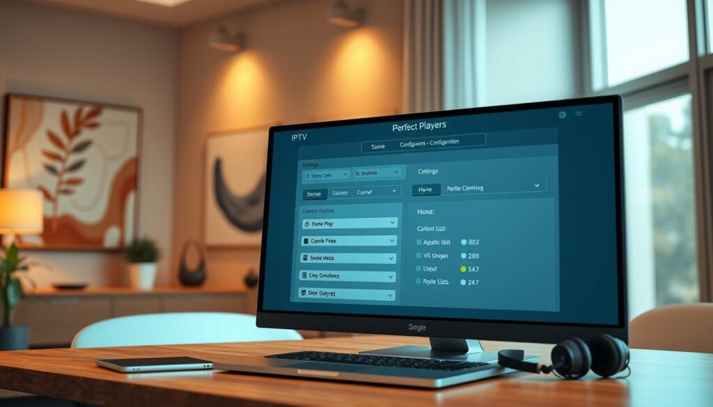A detailed digital workspace showcasing the IPTV settings in Perfect Player on a PC. In the foreground, an elegant screen displays the user interface of Perfect Player, featuring IPTV channel configuration options, channel lists, and streaming settings. The middle layer includes a sleek laptop placed on a modern wooden desk, surrounded by some tech gadgets like a tablet and headphones. The background displays a softly lit room with abstract art on the walls, while a large window lets in natural light, illuminating the scene. The atmosphere is focused and professional, with a serene ambiance that reflects a tech-savvy environment. The camera angle is slightly above, capturing both the close-up of the screen and the overall workspace layout, giving a comprehensive view of the setup.