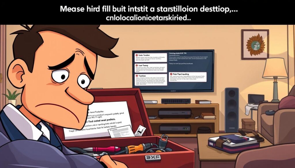 A detailed illustration depicting common installation problems and solutions for the Perfect Player on a Samsung smart TV. In the foreground, display a close-up of a frustrated user in professional attire, intently looking at a smart TV with various error messages on the screen. The middle ground should feature a toolbox filled with tools like a screwdriver, cables, and a manual, symbolizing troubleshooting efforts. In the background, a home setting with a mounted TV on the wall and a cluttered coffee table, enhancing the atmosphere of home installation. The lighting should be warm and inviting, with a focus on the television and user's expressions. The composition should evoke a sense of problem-solving in a relatable, everyday environment.