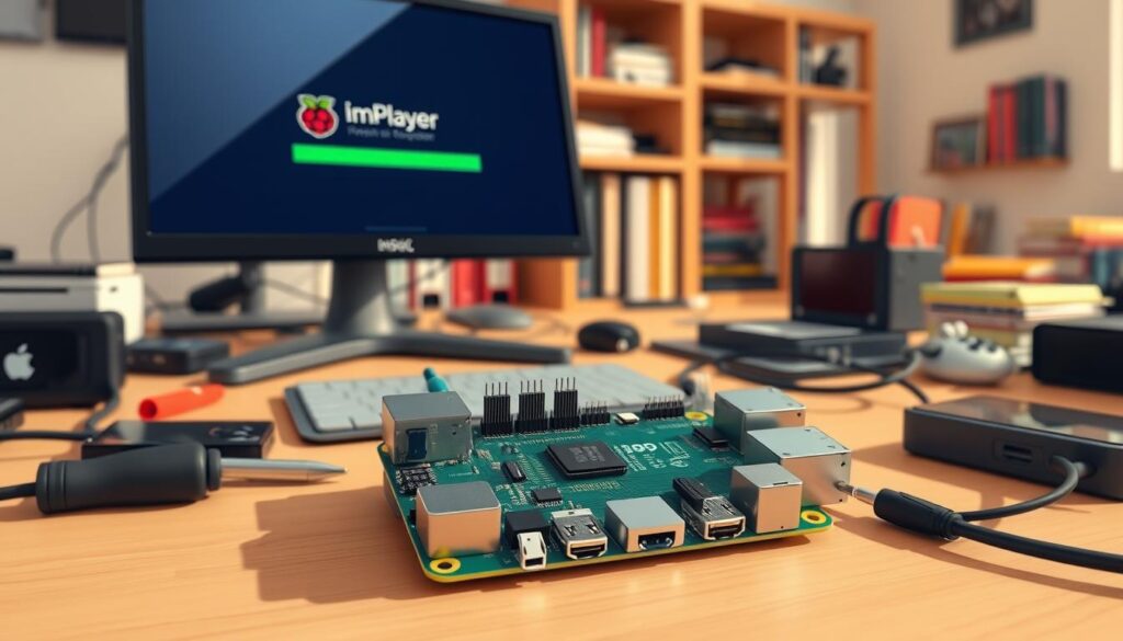 A detailed scene depicting the installation process of ImPlayer on a Raspberry Pi. In the foreground, a Raspberry Pi board connected to a monitor displaying an installation screen with a progress bar. Surrounding the board are essential tools such as a screwdriver, cables, and a small external hard drive. In the middle ground, a desk cluttered with tech gadgets creates a focused atmosphere of a DIY workspace. The background features a softly lit room with shelves stocked with programming books and electronic components. Use natural lighting to create a warm, inviting mood, with a shallow depth of field to keep the Raspberry Pi in sharp focus while blurring the background, enhancing the sense of concentration on the task.