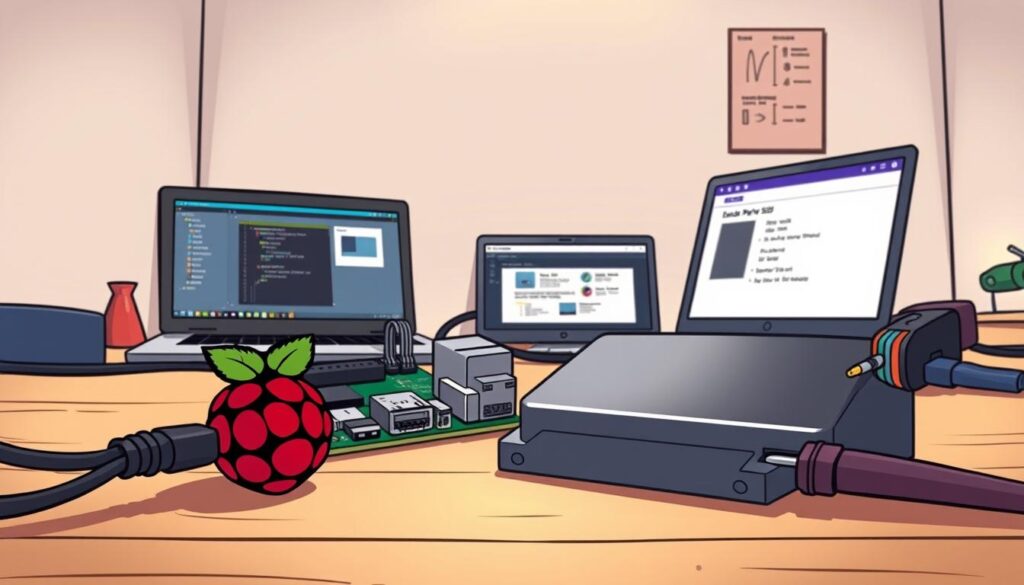 A detailed scene showcasing the installation of an external SSD on a Raspberry Pi. In the foreground, the Raspberry Pi is connected to an external SSD with visible cables. The SSD is sleek and modern, with a subtle metallic finish. In the middle ground, there’s a small workstation setup with a laptop displaying software interfaces and a TVHeadend configuration screen. The background features a well-lit room with soft ambient light, emphasizing a clean and organized workspace. There are tools like a screwdriver and cable ties scattered neatly around, adding to the technical atmosphere. The overall mood is focused and industrious, highlighting the process of enhancing the Raspberry Pi’s capabilities for IPTV applications.