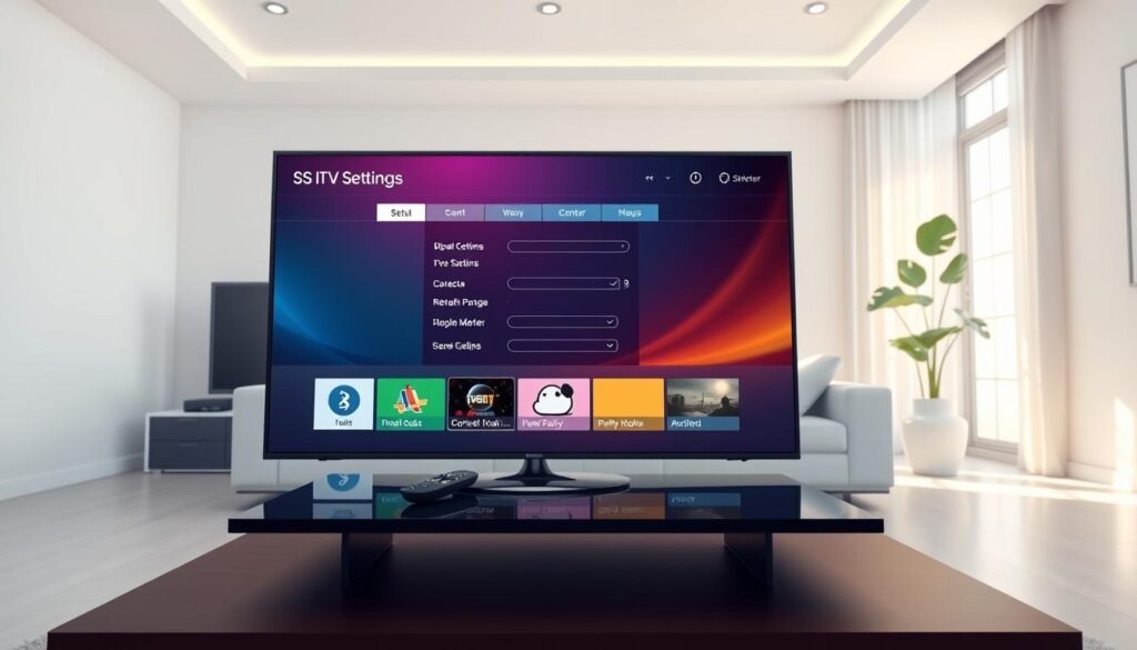 A detailed setup screen of SS IPTV on a Samsung Smart TV, displayed in a brightly lit modern living room. In the foreground, the TV screen showcases the SS IPTV settings interface with vibrant colors and clear icons, emphasizing a user-friendly layout. The middle ground features a sleek, contemporary coffee table with a remote control beside the TV. In the background, soft, natural light streams through a window, illuminating stylish furniture and a plant, creating a warm and inviting atmosphere. The angle is slightly angled upwards to highlight the TV screen clearly, while maintaining a cozy and tech-savvy mood that captures the essence of easy installation and user settings.