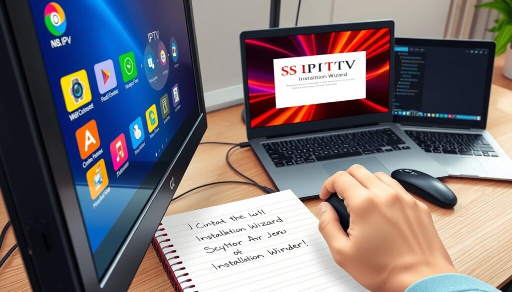 A detailed, step-by-step installation guide for SS IPTV on a Windows PC. The foreground features a close-up of a computer screen displaying the SS IPTV interface with vibrant colors and clear icons, highlighting the installation process. In the middle ground, a hand interacts with the mouse, clicking through a vibrant installation wizard, while a notepad with handwritten notes on installation steps sits nearby. The background includes a tidy workspace with a laptop, showing a blend of modern technology and organization. Soft, natural lighting illuminates the scene, creating a productive atmosphere. The angle is slightly from above, providing a comprehensive view of the desktop environment without any text or overlays.