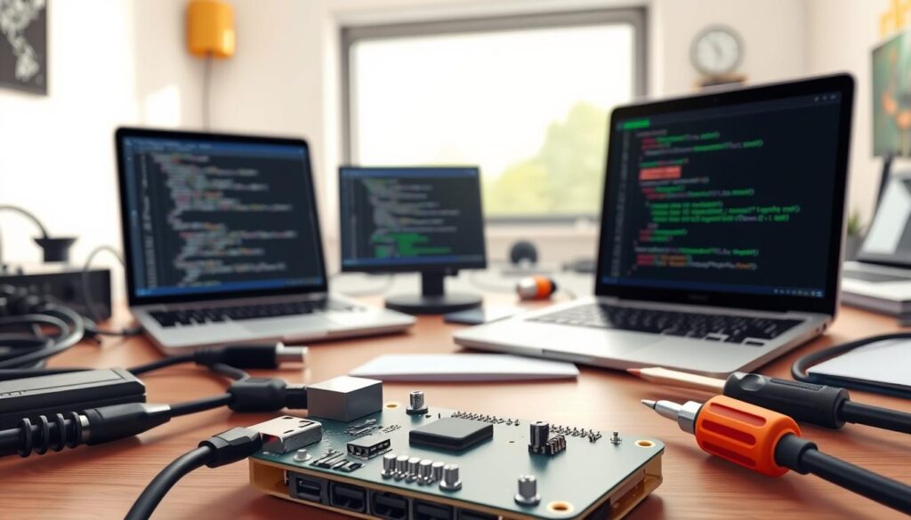 A detailed, technical workspace showcasing the installation process of ImPlayer on a Raspberry Pi. In the foreground, a sleek Raspberry Pi board with connected peripherals, including a microSD card and power supply, surrounded by tools like a screwdriver and cables. In the middle ground, a laptop displaying coding and installation steps with a focus on software interfaces. The background features a well-lit workspace with organized components, a window allowing natural light to enhance clarity, and subtle hints of technology. The atmosphere is professional and focused, emphasizing precision and attention to detail in the software installation process. The image should have a shallow depth of field to draw attention to the Raspberry Pi and its components, with soft, natural lighting to evoke a productive mood.