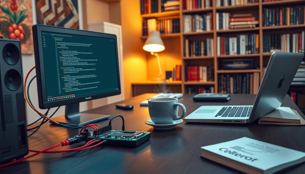 A detailed view of a Raspberry Pi setup in a cozy home office, focusing on the screen displaying the Kodi compilation process on the Raspberry Pi OS Bullseye. The foreground features a modern monitor with code lines and progress bars visible, along with a Raspberry Pi board connected with colorful cables. In the middle, a sleek, dark wooden desk holds a laptop positioned slightly aside, with a cup of steaming coffee and a few technical books scattered around. The background shows bookshelves filled with tech manuals and a softly lit lamp, creating a warm, inviting atmosphere. The lighting should be soft and warm, imbuing the scene with a productive yet relaxed mood. The angle captures the workspace in a mid-shot, emphasizing the tech and the Kodi environment without any text or distractions.