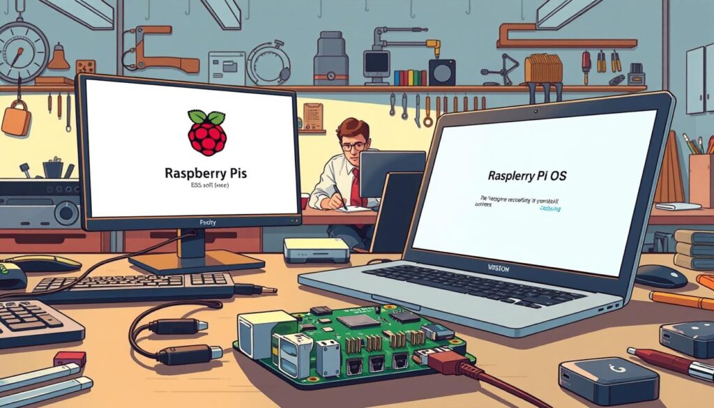 A detailed workspace illustration depicting the installation process of the Raspberry Pi OS. In the foreground, focus on a Raspberry Pi board connected to a monitor, with an open laptop displaying the OS installation interface. Include various tech components like a keyboard, mouse, and USB drives scattered around, enhancing the scene's technical atmosphere. In the middle ground, a person in professional attire, with focused expressions, is engaged in setting up the device, adding a human connection to the process. The background shows a well-lit, organized workbench with tools and tech gadgets, all in soft, natural lighting. The overall mood should be one of concentration and achievement, reflecting the hands-on nature of installing software on a Raspberry Pi.
