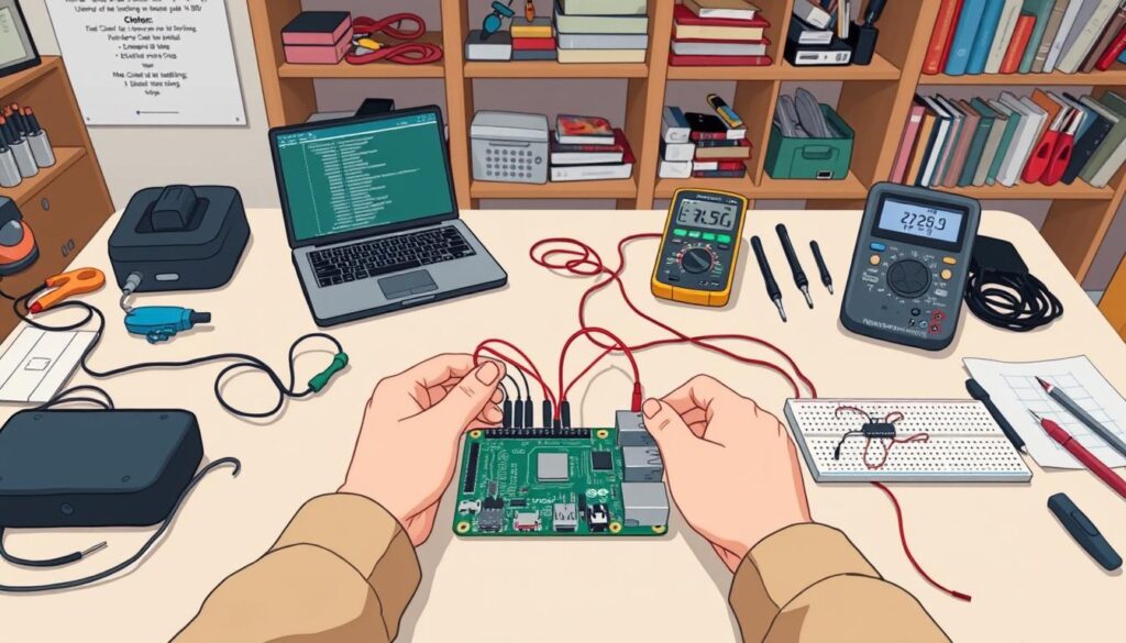 A detailed workspace setup for Raspberry Pi installation and testing, featuring a neatly organized table with a Raspberry Pi board, various electronic components like wires, resistors, and a breadboard. In the foreground, a pair of hands in modest casual clothing is connecting wires to the Raspberry Pi, showcasing an assembly process. The middle of the image includes a laptop displaying code and a multimeter for testing connections. In the background, shelves are filled with tools and books on electronics, hinting at a learning environment. The scene is well-lit with soft, even lighting, creating a focused and productive atmosphere, captured with a slight top-down angle to emphasize the workspace. The mood is inviting and instructional, perfect for beginner tech enthusiasts.