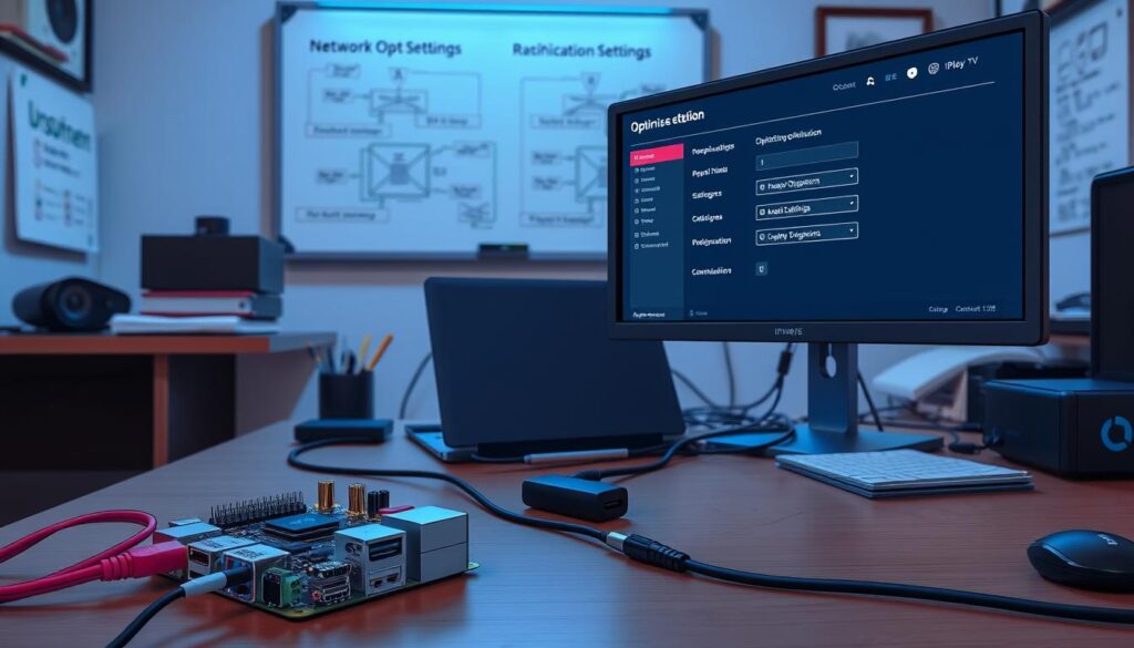 A detailed workspace setup for optimizing iPlayTV settings on a Raspberry Pi. In the foreground, a sleek black Raspberry Pi with brightly colored cables is connected to a modern monitor displaying the iPlayTV interface with various optimization settings and options clearly visible. The middle ground features an organized desk with a laptop, technical manuals, and tools for configuration, all illuminated by soft LED lighting. In the background, a whiteboard with diagrams of network optimization strategies and flowcharts. The atmosphere is focused and professional, demonstrating a high-tech environment with a slight blue tint from the monitor glow, capturing the essence of digital media setup and configuration.