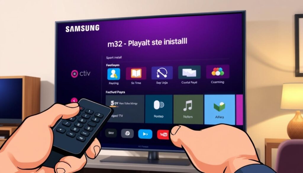 A modern Samsung Smart TV displaying an M3U playlist installation interface, featuring a sleek and intuitive design. In the foreground, a close-up of a hand holding a remote control, poised above the TV's menu. The middle ground showcases the TV's screen with vibrant icons and a bright, clear resolution, illustrating the steps of the installation process in an organized manner. The background hints at a cozy living room environment with soft lighting, emphasizing a relaxed, user-friendly atmosphere. Soft shadows frame the scene, creating depth while maintaining a professional feel. The overall mood reflects excitement and ease, inviting viewers to engage with the technology.