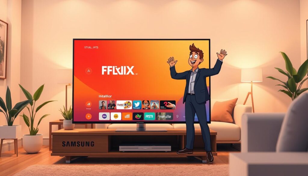 A modern Samsung Smart TV displaying the Flix IPTV app on its screen, set within a stylish living room environment. In the foreground, the TV stands on a sleek wooden stand, surrounded by minimalistic decor such as houseplants and modern furniture. The middle ground features a soft sofa with a person in professional attire enthusiastically exploring the app on the TV, embodying the installation process. The background is softly lit, highlighting the cozy ambiance of the room with warm lighting that creates a relaxed atmosphere. The perspective captures both the TV and the user's interaction, focusing on the screen's vibrant interface showing various streaming options. The scene conveys excitement and ease of use in home entertainment.