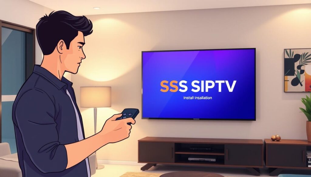 A modern Samsung Smart TV showcasing the SS IPTV installation process in action, prominently displayed on a stylish living room wall. In the foreground, a young adult in smart casual attire is interacting with the TV remote, looking focused and engaged. The middle layer features a close-up of the TV screen, displaying the SS IPTV logo and installation interface clearly, with vibrant colors. In the background, soft ambient lighting creates a cozy atmosphere, highlighting contemporary furniture and decor. The mood is instructional yet inviting, emphasizing clarity and ease of installation. The scene is captured with a slightly angled perspective to create depth, ensuring a dynamic yet professional appearance.