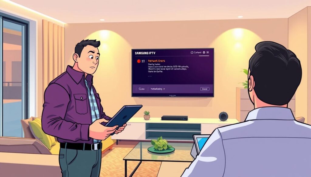 A modern and sleek living room setting showcasing a Samsung smart TV displaying the GSE Smart IPTV interface, filled with vibrant color schemes. In the foreground, a focused technician, wearing a smart casual outfit, is troubleshooting the IPTV setup using a tablet. The middle ground features the Samsung TV mounted on the wall with the IPTV screen clearly visible, showcasing common installation issues like network errors and buffering warnings. The background features soft, warm lighting casting a professional atmosphere, with modern furniture and decor that hints at a tech-savvy home environment. Capture the mood of determination and problem-solving with an emphasis on clarity and modern technology aesthetics.