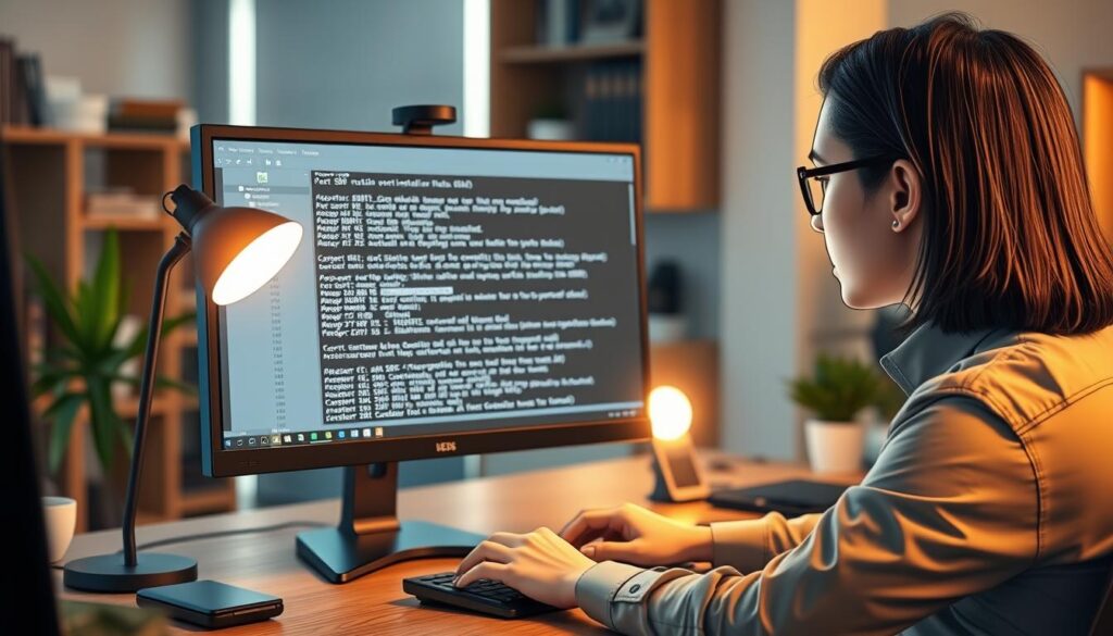 A modern computer screen displaying a detailed SDB installation command window, featuring a series of command lines and a responsive interface, set against a sleek desktop environment. In the foreground, a professional-looking person wearing smart casual attire is typing on a keyboard, focused on the screen. The middle ground includes a soft glow from a desk lamp, enhancing the workspace ambiance, while a blurred modern office setting fills the background, complete with shelves containing tech books and a potted plant for a touch of greenery. The lighting is warm and inviting, creating a productive atmosphere, while the camera angle captures an inviting side view of the person at the desk, emphasizing their concentration on the task at hand. The overall mood is one of focus and innovation, ideal for engaging tech enthusiasts.