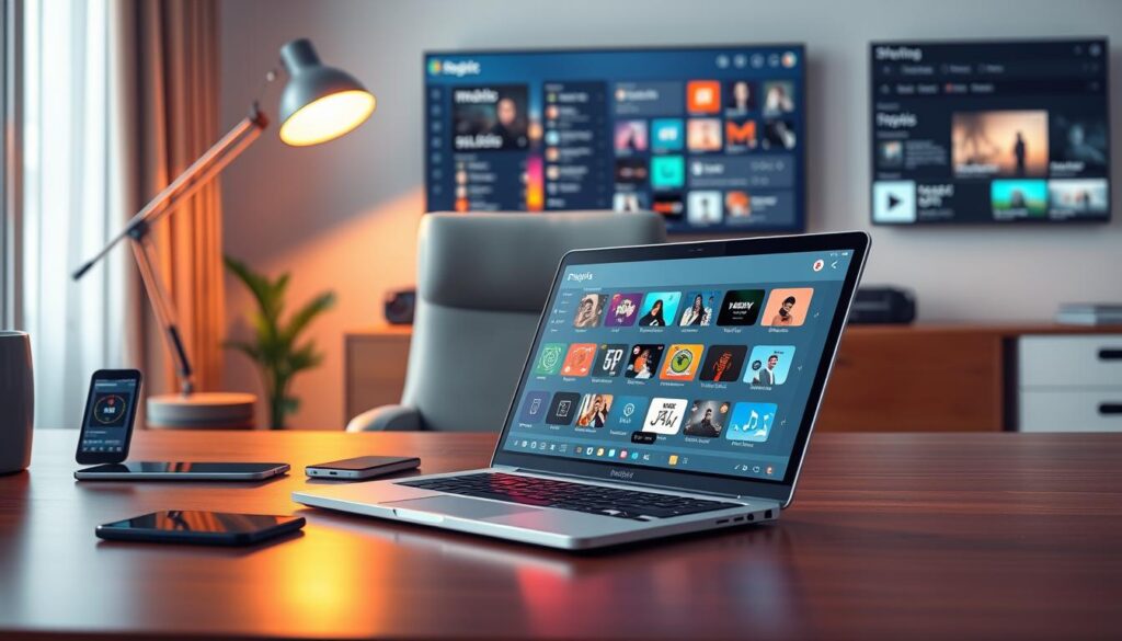 A modern digital workspace showcasing efficient management of playlists. In the foreground, a sleek laptop displays an open application with colorful interface elements representing various media services. Surrounding the laptop are smart devices like a tablet and smartphone, all seamlessly synced. The middle ground features a plush office chair at a polished wooden desk, complemented by a stylish desk lamp casting warm, inviting light onto the workspace. In the background, a wall-mounted screen shows dynamic visualizations of media libraries and playlists. The overall mood is focused and organized, evoking a sense of control and productivity in a contemporary workspace. Use soft lighting with a slight glow, aiming for a realistic lens effect to enhance depth.