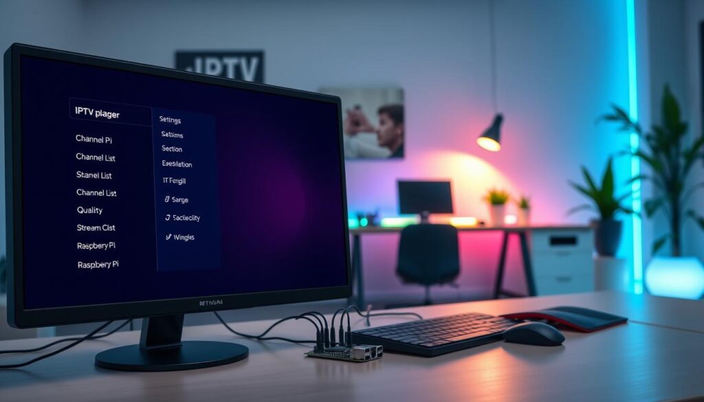 A modern digital workspace showcasing the settings screen of an IPTV player on a Raspberry Pi interface. In the foreground, a close-up view of a computer monitor displays a vibrant and user-friendly IPTV settings menu filled with options like "Service Configuration," "Channel List," and "Stream Quality." The middle ground features a Raspberry Pi device with connected wires, alongside a keyboard and mouse, illustrating setup in action. The background shows a well-lit room with a stylish desk, colorful LED lights accentuating the tech environment, and plants for a touch of greenery. The mood is tech-savvy and inviting, perfect for any viewer interested in IPTV installations. The lighting is soft yet bright to enhance digital clarity, capturing attention.