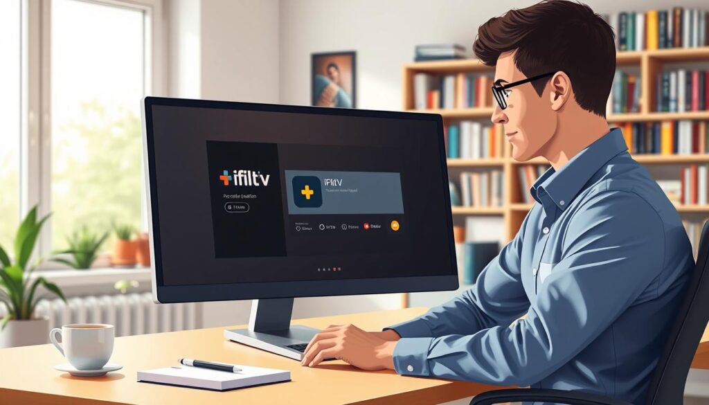 A modern home office setup featuring a sleek computer desktop displaying the Flix IPTV application interface on the screen. In the foreground, a researcher is focused on the installation process, dressed in professional casual attire. The middle ground includes a cozy desk with a notebook, a pen, and a cup of coffee beside the computer. The background shows a well-organized library of tech books and a window letting in soft, natural light that creates a warm atmosphere. The lighting is bright yet inviting, emphasizing the clarity of the screen interface. A shallow depth of field keeps the focus on the installation process while softly blurring the background elements, enhancing the educational mood of the scene.