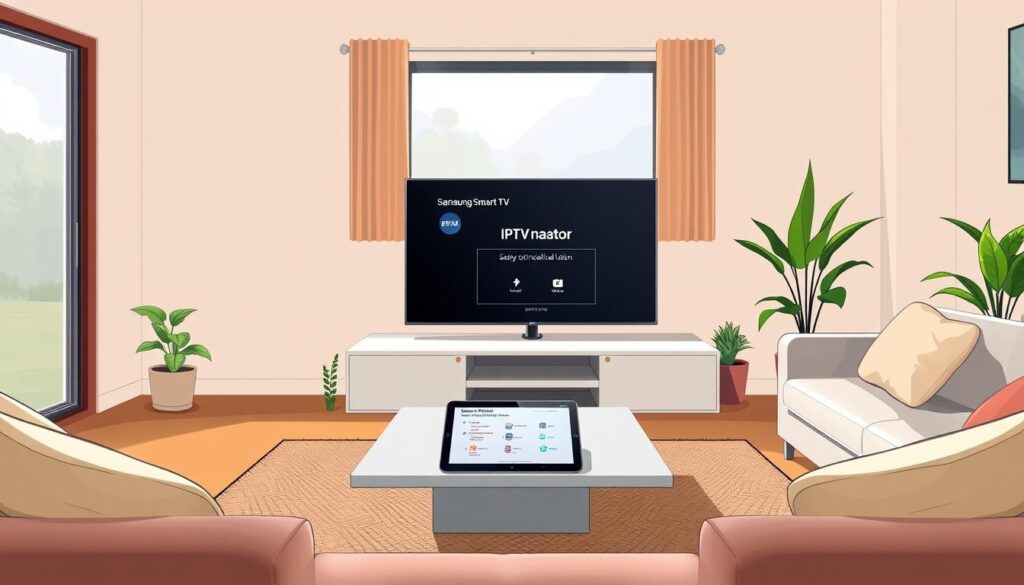 A modern living room featuring a Samsung Smart TV prominently displaying the IPTVnator installation interface, set in the foreground. The middle-ground includes a sleek, contemporary coffee table with a tablet displaying installation steps and a remote control nearby. Natural light from a window illuminates the room, creating a warm and inviting atmosphere. The background has minimalist decor with soft cushions and potted plants, enhancing the cozy feel. The angle is slightly above eye level, giving a comprehensive view of the scene. The mood is instructional yet relaxed, ideal for demonstrating how to install IPTVnator easily. No people are included in the image.