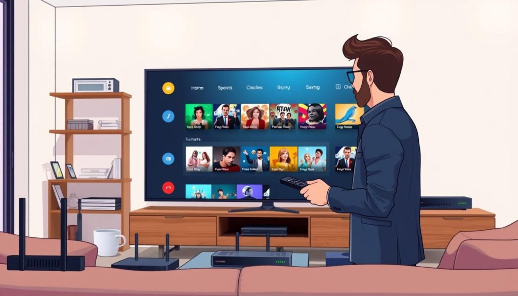 A modern living room featuring a large Samsung Smart TV, displaying a sleek interface for IPTV channel management. In the foreground, a focused individual in smart casual attire navigates through the TV's menu using a remote control, showcasing a screen filled with dynamic thumbnail images representing various streaming options. The middle ground highlights an array of devices like a streaming box and a router, emphasizing connectivity and performance. The background contains a stylish bookshelf and soft ambient lighting that creates a warm, inviting atmosphere. The scene conveys a sense of efficiency and optimization in home entertainment, with a focus on the seamless integration of technology. The image is bright, well-lit, and captures a moment of engagement with the smart technology.