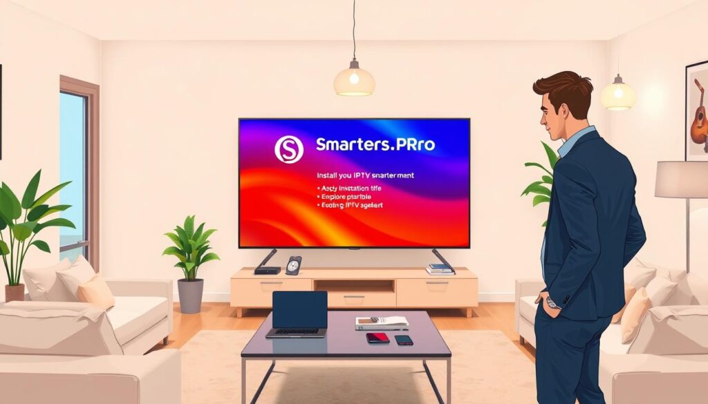 A modern living room featuring a large Samsung Smart TV displaying the IPTV Smarters Pro installation screen in vivid colors. In the foreground, a professional-looking person in smart casual attire holds a remote control, looking focused on the screen. The middle ground includes a sleek coffee table with tech gadgets like a laptop and smartphone. The background showcases a cozy, well-lit ambiance with soft pendant lighting, minimalistic furniture, and some indoor plants for a fresh feel. Use a wide-angle lens to capture the room’s depth and create a welcoming atmosphere. The overall mood should be inviting and informative, highlighting the ease of installing the m3u IPTV player.