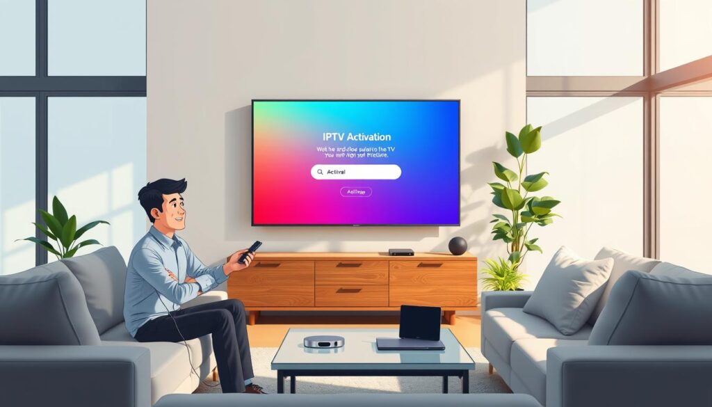 A modern living room featuring a sleek Samsung Smart TV displaying an IPTV activation screen in a vivid and colorful interface. In the foreground, a professional-looking individual in business casual attire is seated on a comfortable sofa, holding a remote control and looking engaged while activating their IPTV subscription. The middle ground highlights a stylish, minimalist coffee table with a few tech gadgets, such as a streaming device and a tablet. In the background, large windows let in soft, natural light that creates a warm and inviting atmosphere. The room is decorated with contemporary furniture and plants, reflecting a cozy yet sophisticated vibe, ideal for relaxing and enjoying entertainment.