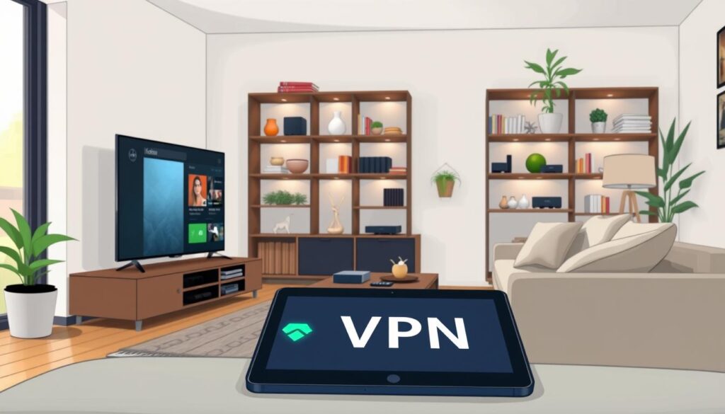 A modern living room featuring a sleek Samsung smart TV displaying the Kodi interface. In the foreground, a VPN application is visible on a tablet, emphasizing security and privacy, with a green shield icon representing protection. In the middle, a cozy couch and a coffee table scattered with tech gadgets, like a remote control and streaming devices. The background showcases softly lit shelves with books and decorative plants, creating a warm and inviting atmosphere. The scene is well-lit with natural light coming from a large window, giving a sense of comfort and safety. Capture a sense of security and modernity, ideal for illustrating the importance of VPNs in a home entertainment setting.