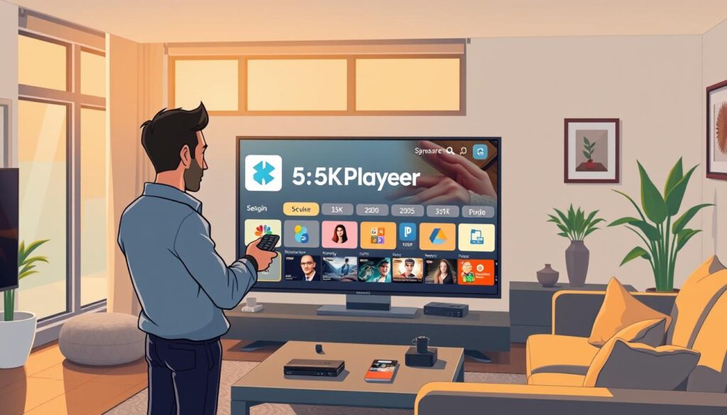 A modern living room scene featuring a sleek Samsung smart TV prominently displaying the 5KPlayer application interface. In the foreground, a well-dressed individual, either a man or woman in smart casual attire, is engaging with the TV remote, focused on the screen. The middle ground includes a stylish coffee table with a few tech gadgets and a soft couch, with warm light streaming through large windows, creating a cozy yet modern atmosphere. The background subtly displays a few decorative plants and wall art that enhance the contemporary home setting. The overall mood is inviting and tech-savvy, emphasizing the ease of app installation on smart TVs. The image is illuminated with soft, warm lighting, and captured from a slightly elevated angle to showcase the interaction between the individual and the TV.