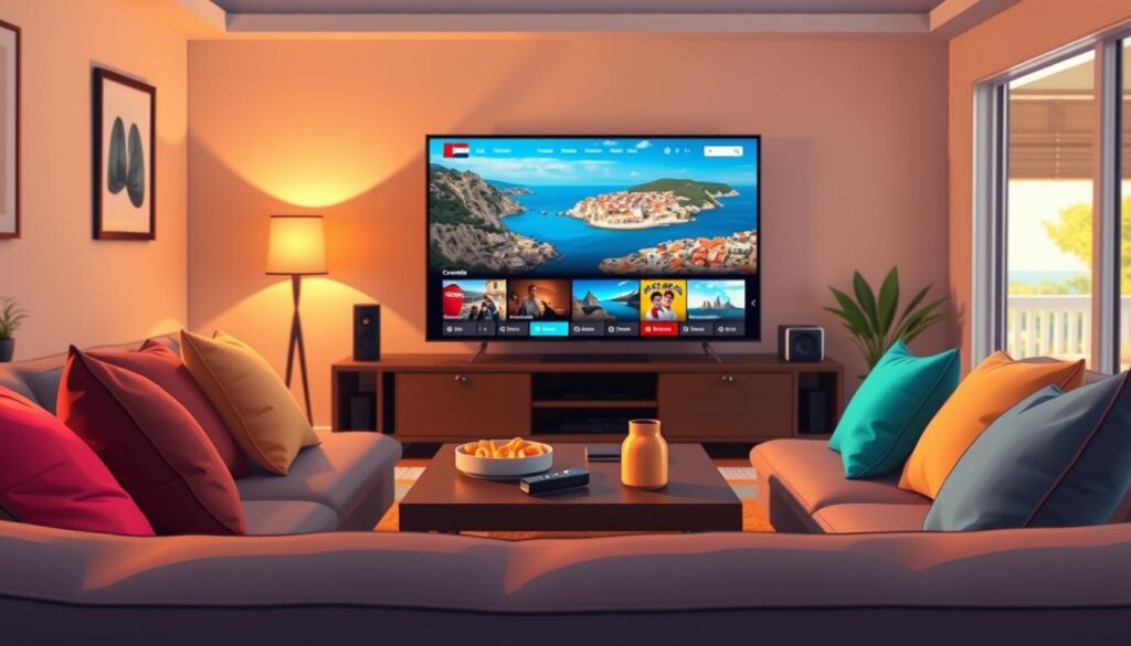 A modern living room setting featuring a flat-screen TV displaying Croatian channels through a Firestick device. In the foreground, a cozy sofa with colorful cushions invites viewers to relax, while a coffee table holds snacks and a remote. The middle ground includes the TV prominently displaying vibrant on-screen graphics of Croatian IPTV content, showcasing coastal landscapes and lively city scenes. The background features warm lighting that creates an inviting atmosphere, with soft shadows enhancing the cozy ambiance. A glimpse of a sunny outdoor view through the window adds to the uplifting mood, suggesting a connection to the Croatian culture. The perspective is slightly angled, ensuring a dynamic composition that draws the viewer into the scene.
