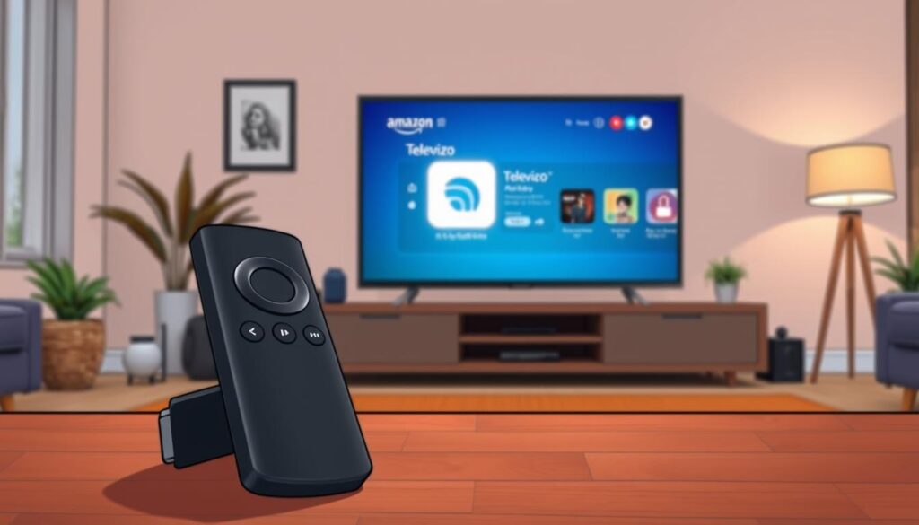 A modern living room setting featuring a sleek Amazon Fire Stick streaming device prominently displayed on a stylish TV stand connected to a large flat-screen television. The foreground shows a close-up of the Fire Stick remote control with its buttons clearly visible, hinting at the ease of use for installing apps. In the middle ground, the television screen showcases the user interface with an emphasis on the Televizo app icon glowing brightly, indicating it's ready to be downloaded. The background includes cozy decor, soft lighting from a nearby lamp, and a hint of decorative plants, creating a warm and inviting atmosphere. The overall mood is relaxed and tech-friendly, perfect for an article on setting up streaming applications.