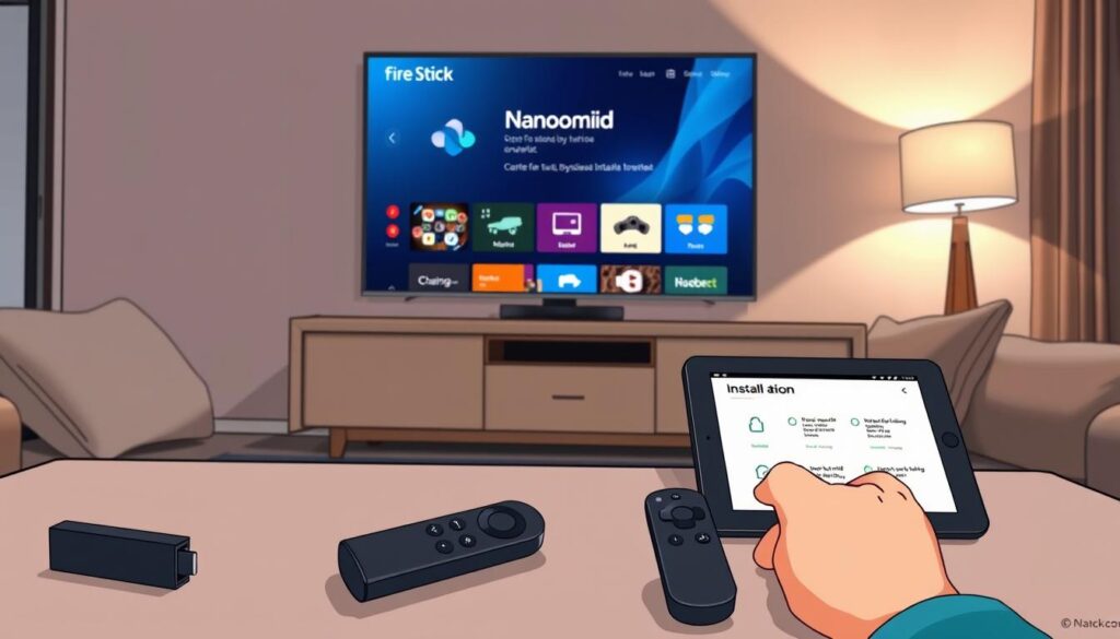A modern living room setting featuring a television displaying the Fire Stick interface on screen, prominently showing the installation process for Nanomid. In the foreground, a sleek remote control with clearly labeled buttons lies on a stylish coffee table beside a tablet displaying installation steps. In the middle ground, a cozy sofa with neutral-colored cushions invites a relaxed atmosphere, and a hand reaches for the remote, suggesting user interaction. The background includes soft lighting from a nearby lamp, casting a warm glow throughout the room, enhancing the inviting and user-friendly mood. The scene is captured from a slightly elevated angle, providing a comprehensive view of the installation setup, ensuring clarity and focus on the Fire Stick interface.