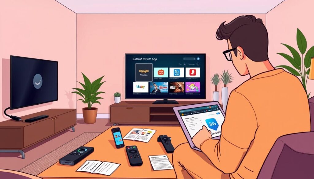 A modern living room setting showcasing an Amazon Firestick plugged into a sleek flat-screen television. In the foreground, a user is intently absorbed in sideloading an IPTV app using a laptop, displaying focus and engagement, dressed in casual comfortable clothing. The middle ground features a coffee table with various remote controls, an instructional guide, and a smartphone displaying a Downloader app. In the background, soft ambient lighting creates a welcoming atmosphere with plants and decorative elements. The scene has a warm, inviting tone, suggesting a cozy home environment while clearly illustrating the IPTV installation process. The angle should capture the user’s interaction with the interface on the TV screen, emphasizing the technology and process of installation.